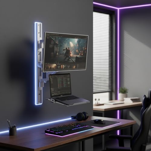 ZeboZap ZLTV8022 Wall Monitor Mount with Keyboard Tray | Fits 17 to 43 Inch | Single Monitor Wall Mount with Laptop Tray | Home Office, Bedside, Healthcare | White | 26.4 lbs