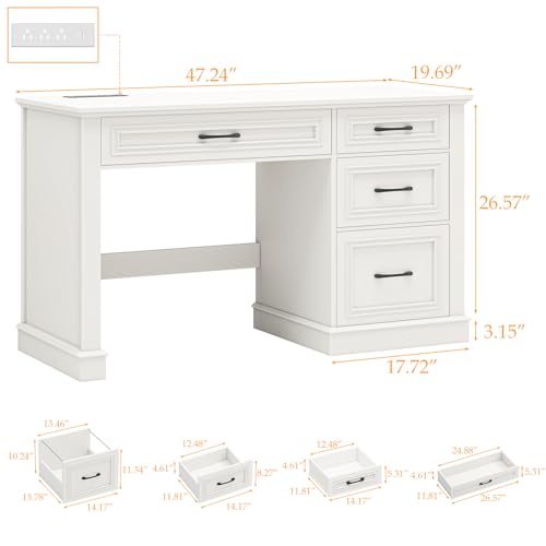 Vabches Farmhouse 47" Workstation Computer Desk with Drawers, Pure White | Executive Desk with File Drawer and Charging Station for Home Office,Study. - color: Pure White