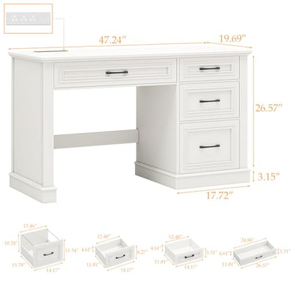 Vabches Farmhouse 47" Workstation Computer Desk with Drawers, Pure White | Executive Desk with File Drawer and Charging Station for Home Office,Study. - color: Pure White
