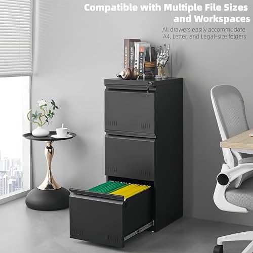 Approgreent Vertical 3 Drawer File Cabient with Lock, Metal Filing Cabinets for Home Office, Heavty Duty Office Storage Cabinet for A4/Letter/Legal (Matte Black) - color: 14-h Black