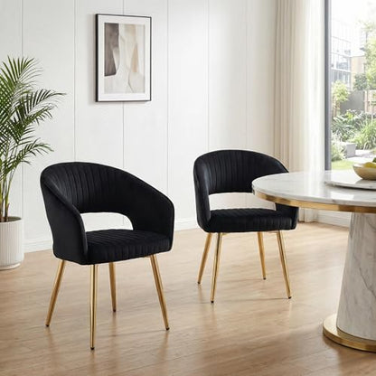 Velvet Dining Chairs Set of 2, Upholstered Dining Room Chairs with Gold Metal Legs, Modern Accent Kitchen Chairs with Curved Backrest for Living Room, Black - color: Black 2