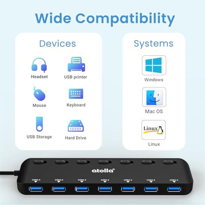 USB 3.0 Hub, atolla 7-Port USB Hub Splitter with Individual On/Off Switches and Lights, 3.28Ft Extended Cable, Suitable for Laptop, PC, MacBook, Keyboard, Mouse, Flash Drives ﻿ - size: 60 cm