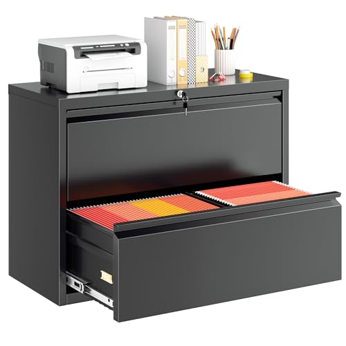 Greenvelly Lateral File Cabinet 2 Drawer, Black File Cabinet with Lock, Lockable Metal Filing Cabinet for Home Office, 2 Drawer File Cabinet for A4 & Letter Size Hanging Folders