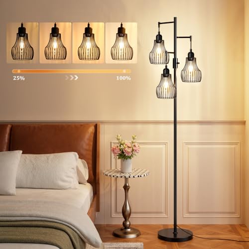 Ziisee Dimmable Floor Lamp, 3 x 800LM LED Edison Bulbs Included, Farmhouse Industrial Floor Lamp Standing Tree Lamp with Elegant Cage Tall Lamps for Living Room Bedroom Office - Black - color: A-Matte Black