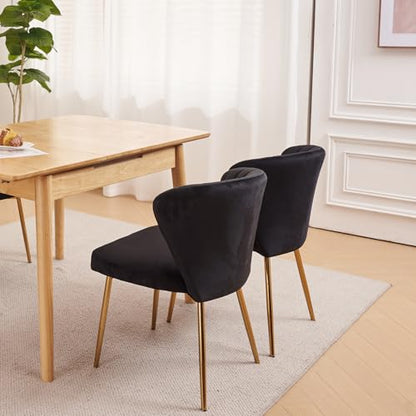 Velvet Dining Chairs Set of 2, Modern Upholstered Vanity Chairs with Golden Metal Legs for Dining Room Kitchen Vanity Patio (Black) - color: Black