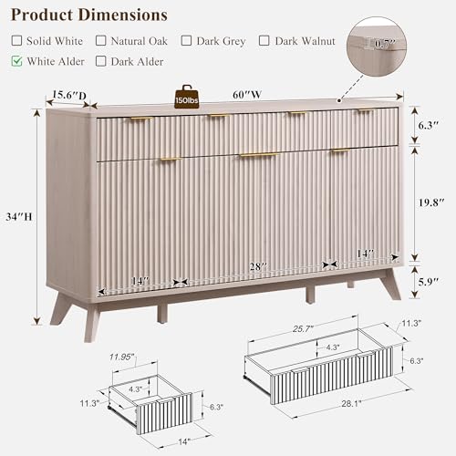 T4TREAM 60 Inch Fluted Buffet Sideboard Cabinet, White Alder | Modern Coffee Bar Storage Cabinet With 3 Drawers & 4 Doors, for Dining Room, Living Room, Hallway, Adjustable shelves - color: White Alder