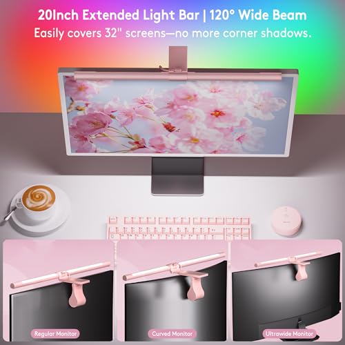 Quntis 20" Pink Monitor Light Bar with 15 RGB Modes, Flat & Curved Fits | Eye-care No Glare Ra95 Frontlight with Remote Stepless Brightness & Color Temperature, WFH Gaming Reading, Modern Aesthetic - color: Pink