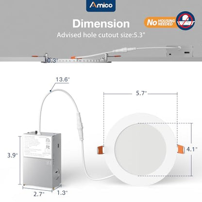 Amico 12 Pack 5 Inch LED Recessed Lighting, Canless Wafer Downlight, White | 5CCT 2700K-5000K, 5%-100% Dimmable, Ultra-thin, Metal housing, 900LM 11W 120V, IC & Damp Rated, ETL & FCC, 50000h Life Span - color: White, size: 5 Inch