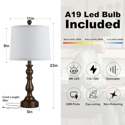 Brown Table Lamps Set of 2, Brown Lamps for Bedroom, USB C+A Ports - color: G. White Shade & Brown Base