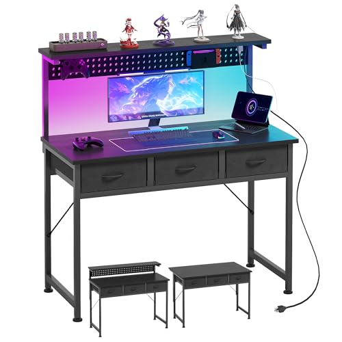 MUTUN Computer Desk with Drawers, 40 Inch Computer Desk with Power Outlet & LED Light, Gaming Desk with Adjustable Monitor Stand & Pegboard, Modern PC Study Writing Table for Bedroom, Black - color: Black, size: 40 Inch