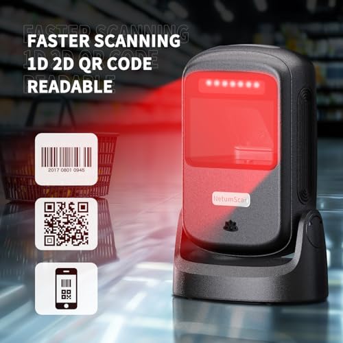NetumScan Hands-Free Barcode Scanner, 1D 2D QR Desktop USB Wired Barcode Reader with Auto-Sensing, 1M Pixel CMOS for Inventory Management, Retail, POS System, Windows Mac Linux