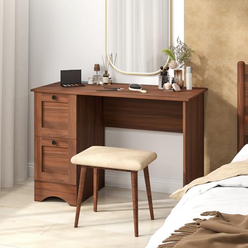 GIANTEX Computer Desk with 2 Drawers, 43” Wooden Home Office Desk with Charging Station, Compact Study Writing Desk, Modern Laptop PC Desk Workstation for Bedroom, Living Room (Walnut) - color: Walnut