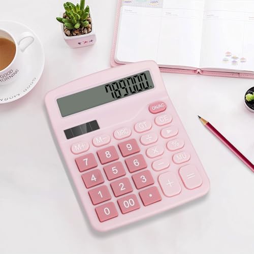 Desktop Calculator, Pink Calculator Big Buttons, 12-Digits Large LCD Display, Solar and AA Battery Dual Power, Desk Calculators for Office Home School Business Class (Pink) | Large LCD Display, Solar and AA Battery Dual Power, Desk Calculators for Office