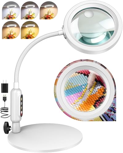 30X 10X Magnifying Glass with Light and Stand, 5 Color Modes Stepless Dimmable, Optical Grade HD Lens, LED Lighted Magnifier Hands Free with 16in Flexible Gooseneck for Close Work - White - color: White, size: 4.3in-16in & Base