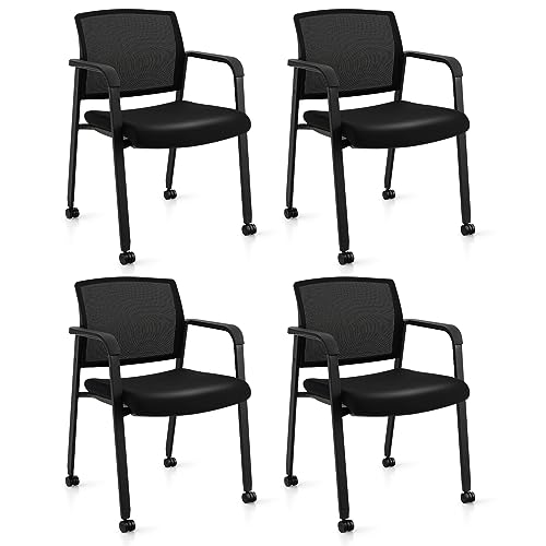 Tangkula Rolling Conference Room Chairs Set of 4, Stackable Office Guest Mesh Chairs with Armrests and Wheels, Ideal for Waiting Room Office, School, Lobby (Black) - color: Black, size: Set of 4