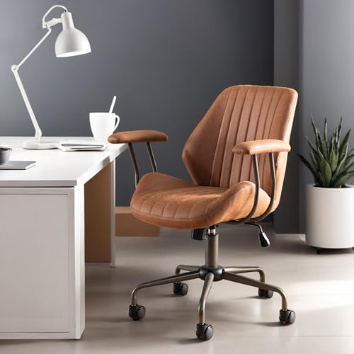 Mid Back Home Office Chair, Mid Century Modern Executive Chair, Comfy Ergonomic Rolling Office Desk Chair with Lumbar Support, Brown Faux Leather Office Chair, Brown - color: Brown,suede Fabric, size: Standard Mid Back