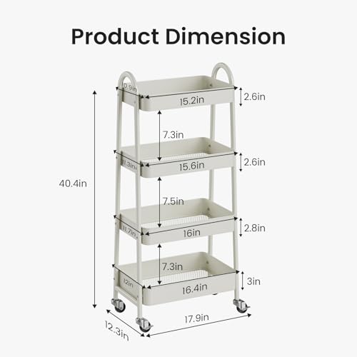 DUMOS 4 Tiers Rolling Utility Cart, Storage Organizer, Shelving Unit | Metal, Lockable Wheels, Mobile, Kitchen, Bathroom, Laundry, Narrow Places, White - color: 4-tier White