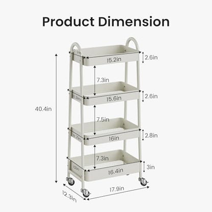 DUMOS 4 Tiers Rolling Utility Cart, Storage Organizer, Shelving Unit | Metal, Lockable Wheels, Mobile, Kitchen, Bathroom, Laundry, Narrow Places, White - color: 4-tier White