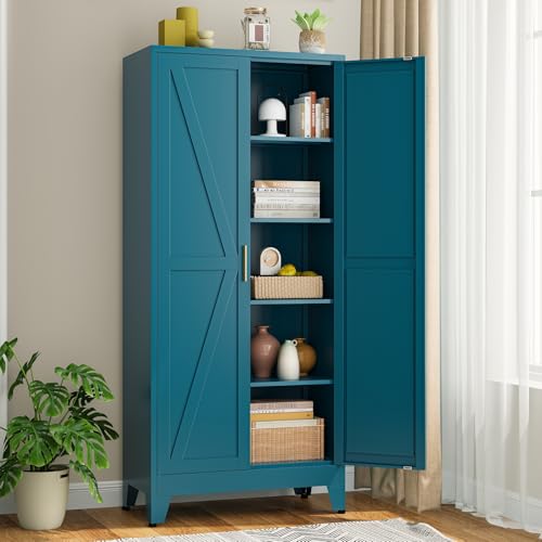 Bevivog 71" Tall Storage Cabinets Farmhouse Freestanding Tall Bookshelf with 2 Doors and 4 Adjustable Shelves, Blue Metal Pantry Cabinet for Kitchen Living Room, Home Office, Laundry, Bathroom - color: Blue, size: 71"H-2 Doors
