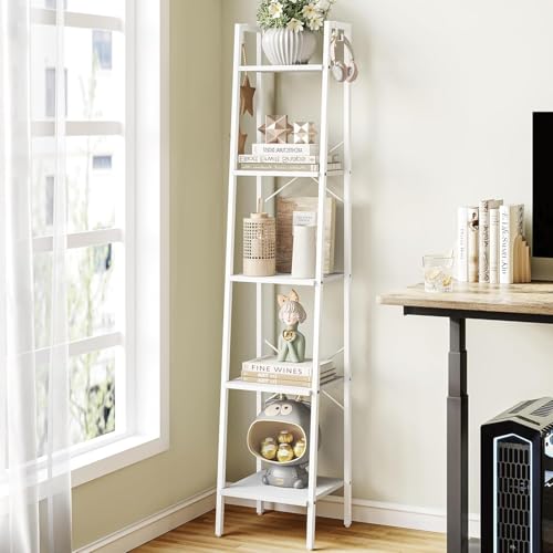 Hzuaneri Ladder Shelf, Bookshelf, Freestanding Corner Storage Shelf | Bookcase with 2 Hooks for Office, Living Room, Kitchen, Bedroom, Industrial,11.8"Dx13.4"Wx63"H, White BC03213W - color: White, size: 11.8"D x 13.4"W x 63"H