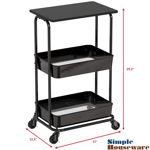 Simple Houseware 2-Tier Rolling Utility Cart Wood Top/Lockable Wheel, Black | Metal Storage Organizer Trolley for Kitchen, Bathroom, Office, Craft Room - color: Black