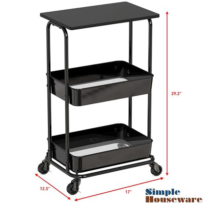 Simple Houseware 2-Tier Rolling Utility Cart Wood Top/Lockable Wheel, Black | Metal Storage Organizer Trolley for Kitchen, Bathroom, Office, Craft Room - color: Black