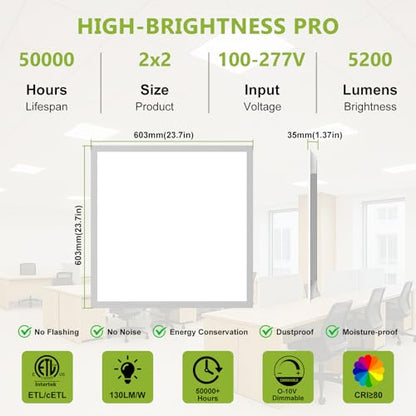 YXL 2 Pack 2x2 LED Flat Panel Light Drop Ceiling Light Fixture, 5200LM, 5CCT LED Drop Ceiling Office Light, 40W/35W/30W/25W/20W Selectable,6500K/5000K/4000K/3500K/3000K,Dimmable 0-10V,ETL - color: 2X2 FT, size: 2 Pack