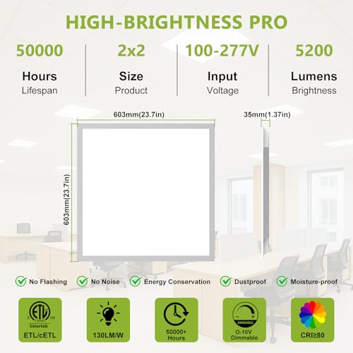 YXL 6 Pack 2x2 LED Flat Panel Light Drop Ceiling Light Fixture, 5200LM, 5CCT LED Drop Ceiling Office Light, 40W/35W/30W/25W/20W Selectable,6500K/5000K/4000K/3500K/3000K,Dimmable 0-10V,ETL - color: 2X2 FT, size: 6 Pack