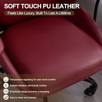Leather Executive Office Chair, Computer Desk Chair, Red | Ergonomic, Rubber Wheels, Lumbar Support, 360° Swivel, High Back, Adjustable Height, for Modern Home Office - color: Crimson Red