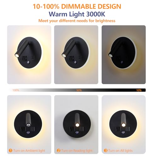 LED Round Wall Sconce with Dimmable Light, 6W+3W 3000K Night Light, Adjustable Plug-in Headboard Lamp with USB & USB-C Ports, Bedside Reading Light for Bedroom(Black) - color: Black