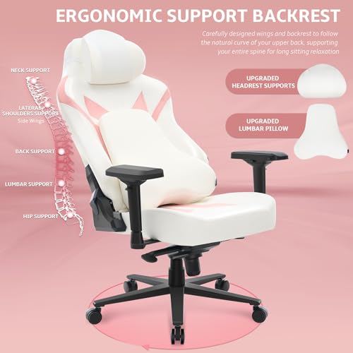 Ergonomic Gaming Chair, Computer Desk Chairs, 4D Armrests, High Back Office Chair with Headrest & Lumbar Pillow, Tilt Rocker Recliner, Heavy-Duty Base, White PU Leather & Pink Suede Comb