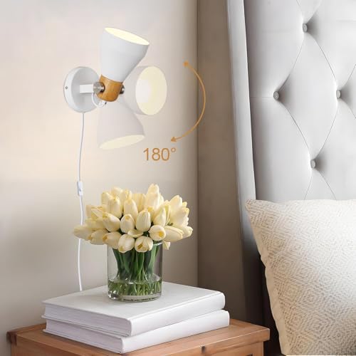 Modern Plug-in Wall Sconces, Matte White | Adjustable Reading Light, Natural Wood Accent, For Bedroom, Living Room, Home Office - color: Matte White+Wood Accent