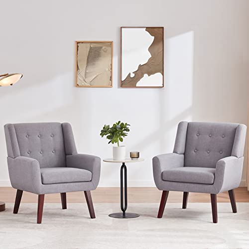 HUIMO Living Room Chairs Set of 2,Upholstered Button Linen Accent Chair | Mid Century Fabric Modern Armchair,Comfy Arm Club Sofa Chairs for Living Room Reading Bedroom,Waiting Room Light Grey 2PCS - color: Light Grey