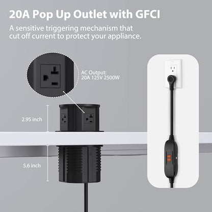 ANNQUAN 4.7" 20A GFCI Pop Up Outlet Wireless Charger 65W USB Black | Max 65W Power Delivery,4.75" Pop Up Electrical Outlet with 3 Outlets 3 USB Ports - color: Black, size: 20 Amp(GFCI)