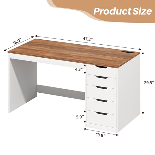 47 Inch Small Computer Desk with 5 Drawers and Outlets for Home Office - color: Brown and White, size: 47inch-5drawers