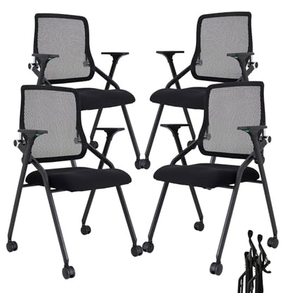 Updated Conference Room Chairs, Folding Office Desk Chair with Lumbar Support and Sliding Armrest with Casters, Stackable Office Guest Chairs & Reception Chairs, 4 Pack Black - color: Black, size: 4 Pack