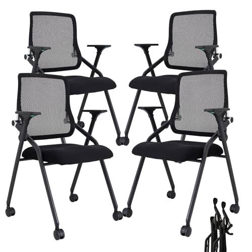 Updated Conference Room Chairs, Folding Office Desk Chair with Lumbar Support and Sliding Armrest with Casters, Stackable Office Guest Chairs & Reception Chairs, 4 Pack Black - color: Black, size: 4 Pack