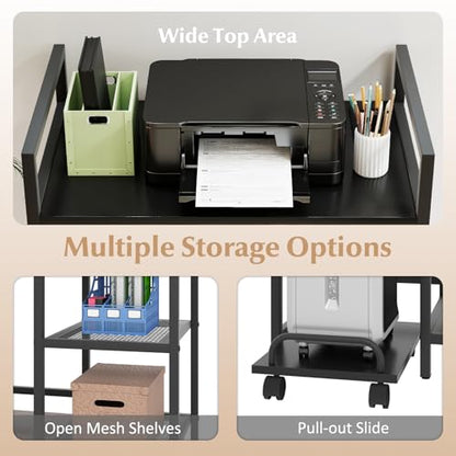 Giantex 3-Tier Printer Stand with Charging Station, 2 Open Storage Shelves, Side PC Stand on Wheels, 25" x 16" Mobile Printer Table for Computer Tower, Printer Shredder, Fax, Under Desk, Home Office - color: Black