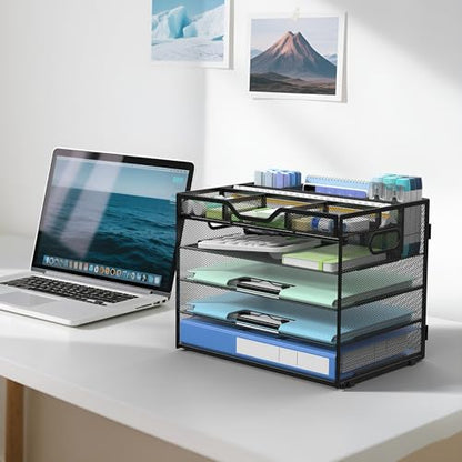 Docnest 5 Tier Mesh Desk Organizer with Removable Tray&Pen Holder, Black - color: Black, size: 12.6"x9.1"x10.3"