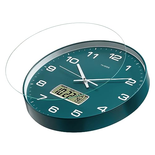Wall Clock, 14" Large Dial Non-Ticking Silent Battery Operated Analog with LCD Display for Perpetual Calendar and F° Temperature, Ideal Modern Home, Bedroom, Kitchen, Office Decor(Green) | Perpetual calendar, Fahrenheit temperature, easy-to-read analog di
