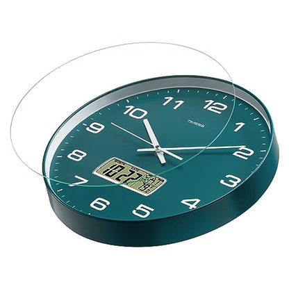 Wall Clock, 14" Large Dial Non-Ticking Silent Battery Operated Analog with LCD Display for Perpetual Calendar and F° Temperature, Ideal Modern Home, Bedroom, Kitchen, Office Decor(Green) | Perpetual calendar, Fahrenheit temperature, easy-to-read analog di