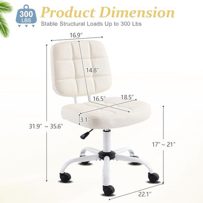VINGLI Compact Small Desk Chair, Cute Armless Chair with Wheels, Vanity Chair with Low Back, Height Adjustable Task Chair for Small Spaces, Office, Bedroom, Make Up Room, PU Leather, White - color: White