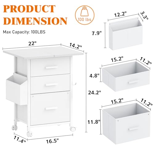 3-Drawer Mobile File Cabinet with 22" Wide Printer Stand, Fabric Under Desk Filing Cabinet with Side Bag & Headphone Hook, Fits Letter/A4 Size Hanging File Folders, Rolling Home Office Organizer,White - color: White