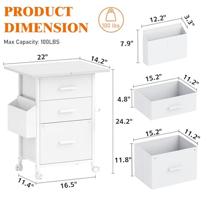 3-Drawer Mobile File Cabinet with 22" Wide Printer Stand, Fabric Under Desk Filing Cabinet with Side Bag & Headphone Hook, Fits Letter/A4 Size Hanging File Folders, Rolling Home Office Organizer,White - color: White
