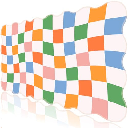 L-SPOUTTO Checkered Mouse Pad,Scalloped Groovy Desk Mat XXL Gaming Mousepad | Geometric Large 35.4x15.7in Non-Slip Rubber Base Keyboard Pad Waterproof Desktop Mat for Laptop Computer Game Home Office - color: Colorful Checkered
