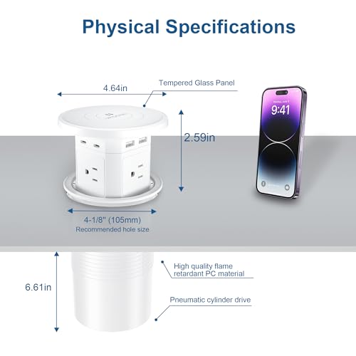 ANCIENTPWR Pop Up Outlet with Wireless Charging, 9-in-1 Built-in Countertop Power Hub, Gas-Lift Design, 4-1/8" Cutout, 2500W for Kitchen, Office & Conference Table | 9-in-1: 4 AC + 4 USB + wireless charging. 2500W, 100-240V. 4-1/8" cutout. Hidden hub for
