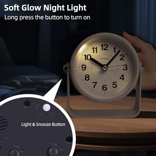 TIMESS Analog Alarm Clock with Snooze & Light, Silent Non-Ticking, Yellow | On-demand light, quartz movement, battery operated, easy to set, gentle wake alarm, bedside clock for home, travel, or office - color: Yellow