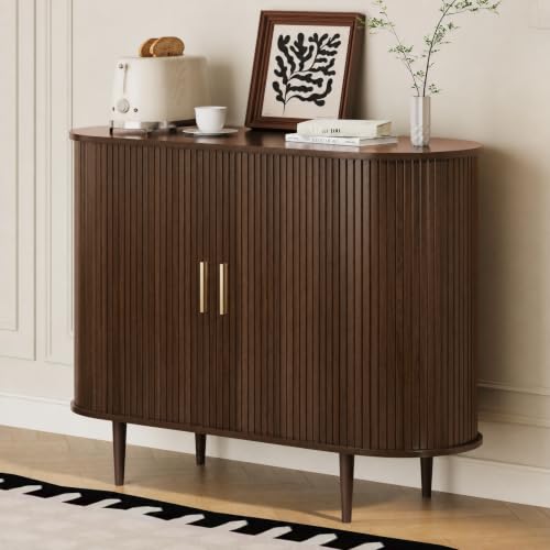 DHH Sideboard Buffet Cabinet with Storage,Mid Century Modern Fluted Accent Coffee Bar Console Table,Tambour Sliding Doors& Adjustable Shelf for Kitchen, Living Room, Entryway(Walnut, 40Inch) - color: Walnut, size: 40 Inch