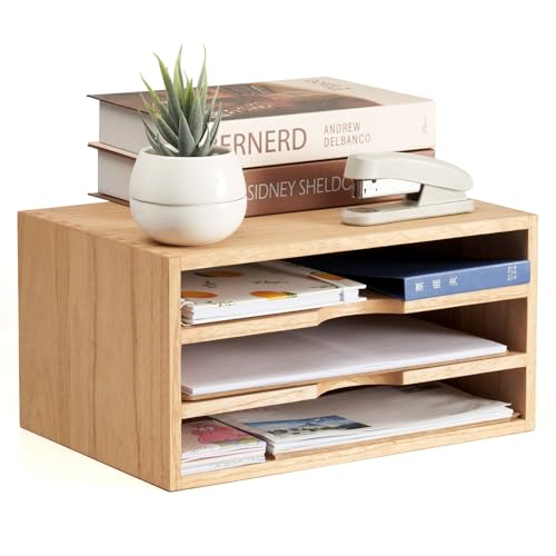 KIRIGEN Wooden Desk Organizer 3-Tier Letter Tray and Paper Sorter, Natural | Solid Wood Paper Tray Document Holder Organizer for Letters, Files, Folders, Mail, Magazines and Office Supplies - color: Natural, size: 3 layer-0 drawers