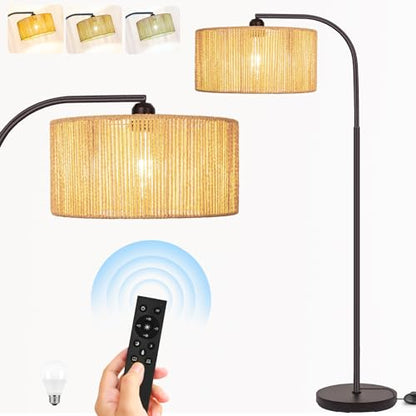 Brilvibera Boho Floor Lamp with Dimmable Bulb Rattan Double Shade Lamp | Stepless Dimmable Bulb and Remote Control, Bronze Rustic Farmhouse Floor Lamps for Living Room, Bedroom, Office, Classroom - style: Retro-Bronze